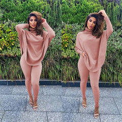 Casual Solid Color Batwing Sleeve Tops and Leggings Two-piece Set