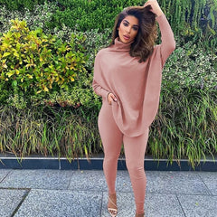 Casual Solid Color Batwing Sleeve Tops and Leggings Two-piece Set