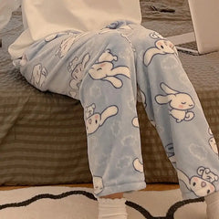 New Sanrio Cinnamoroll Pajamas for Women At Home in Autumn and Winter Plush Flannel Trousers Kawaii Thickened Furry Coral Velvet