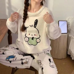 Sanrio Pajamas Set Hello Kitty Pochacco Winter Long Sleeved Thickened Two-piece Pajamas Y2k Warm Household Clothes Birthday Gift