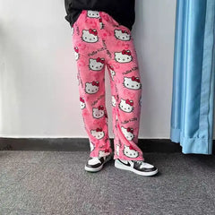 Kawaii Sanrio Hello Kitty Flannel Pajamas Black Women's Warm Wool Cartoon Casual Home Pants Autumn and Winter Fashion Trousers