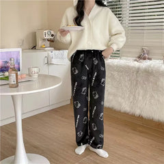 Kawaii Sanrio Hello Kitty Flannel Pajamas Black Women's Warm Wool Cartoon Casual Home Pants Autumn and Winter Fashion Trousers