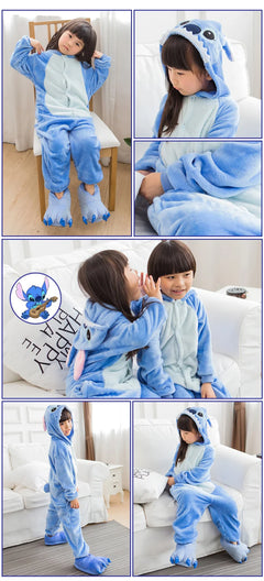 Children's Gift Autumn and Winter Flannel Cartoon One-Piece Pajamas for Boys and Girls Home Clothes Stitch Cute Christmas Gift