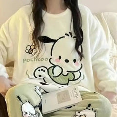 Sanrio Pajamas Set Hello Kitty Pochacco Winter Long Sleeved Thickened Two-piece Pajamas Y2k Warm Household Clothes Birthday Gift