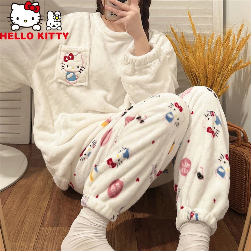 Sanrio Pajamas Set Hello Kitty Pochacco Winter Long Sleeved Thickened Two-piece Pajamas Y2k Warm Household Clothes Birthday Gift