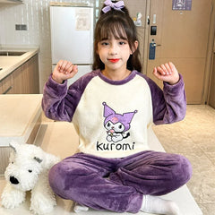 Winter Flannel Children Pajamas Set Miniso Kawaii Anime Kuromi Melody Cinnamoroll Pochacco Boy Girl Warm Sleepwear Kids Homewear