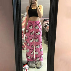 Girls Winter Sleepwear Hello Kitty Sanrio Y2K Pajama Pants Women Casual Home Pants Coral Fleece Soft Trousers Christmas Gift