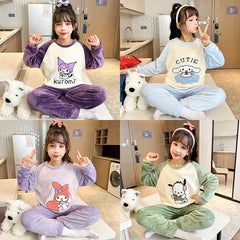 Winter Flannel Children Pajamas Set Miniso Kawaii Anime Kuromi Melody Cinnamoroll Pochacco Boy Girl Warm Sleepwear Kids Homewear