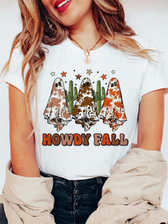 Halloween Retro Howdy Fall Western Ghost T-Shirt Clothing Women's Cartoon Print Basic Print Trendy O-Neck Casual Style T-Shirt