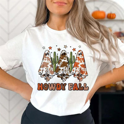 Halloween Retro Howdy Fall Western Ghost T-Shirt Clothing Women's Cartoon Print Basic Print Trendy O-Neck Casual Style T-Shirt