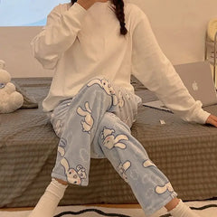 New Sanrio Cinnamoroll Pajamas for Women At Home in Autumn and Winter Plush Flannel Trousers Kawaii Thickened Furry Coral Velvet