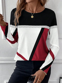 Women's Geometric Print T-Shirt Fall O Neck Casual Loose T Shirt Fashion Long Sleeve Shirts For Women Tee Spring Simple Clothing