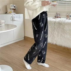 Kawaii Sanrio Hello Kitty Flannel Pajamas Black Women's Warm Wool Cartoon Casual Home Pants Autumn and Winter Fashion Trousers