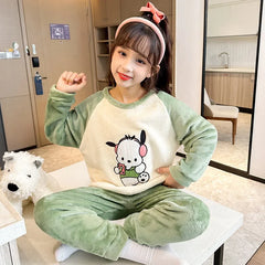 Winter Flannel Children Pajamas Set Miniso Kawaii Anime Kuromi Melody Cinnamoroll Pochacco Boy Girl Warm Sleepwear Kids Homewear