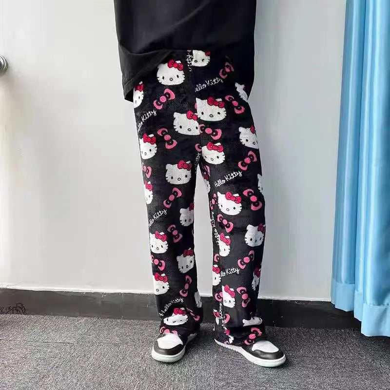 Kawaii Sanrio Hello Kitty Flannel Pajamas Black Women's Warm Wool Cartoon Casual Home Pants Autumn and Winter Fashion Trousers